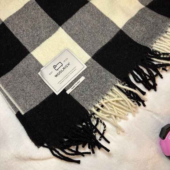 Woolrich Cream White Black Buffalo Plaid Fringe Blanket 56x28” NWT - Picture 6 of 6